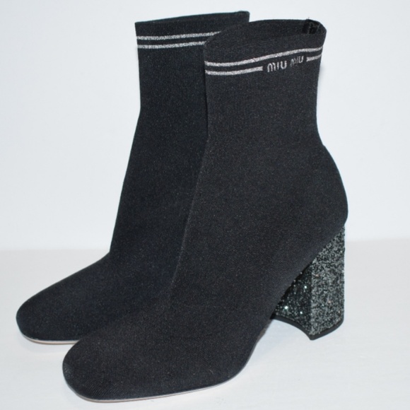 Miu Miu Glitter-Heel Metallic Sock Knit Bootie - Picture 2 of 8